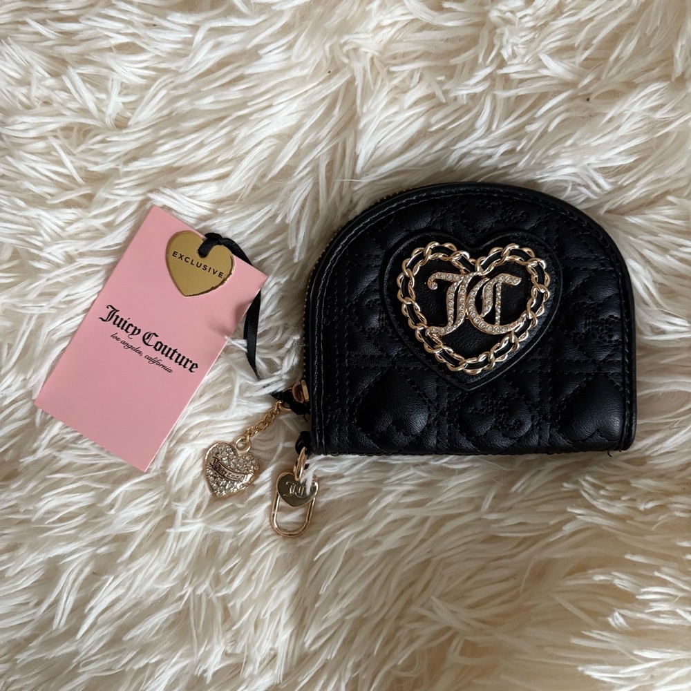 NWT Juicy Couture Wallet Black Quilted Half Moon with Gold Details and Mirror